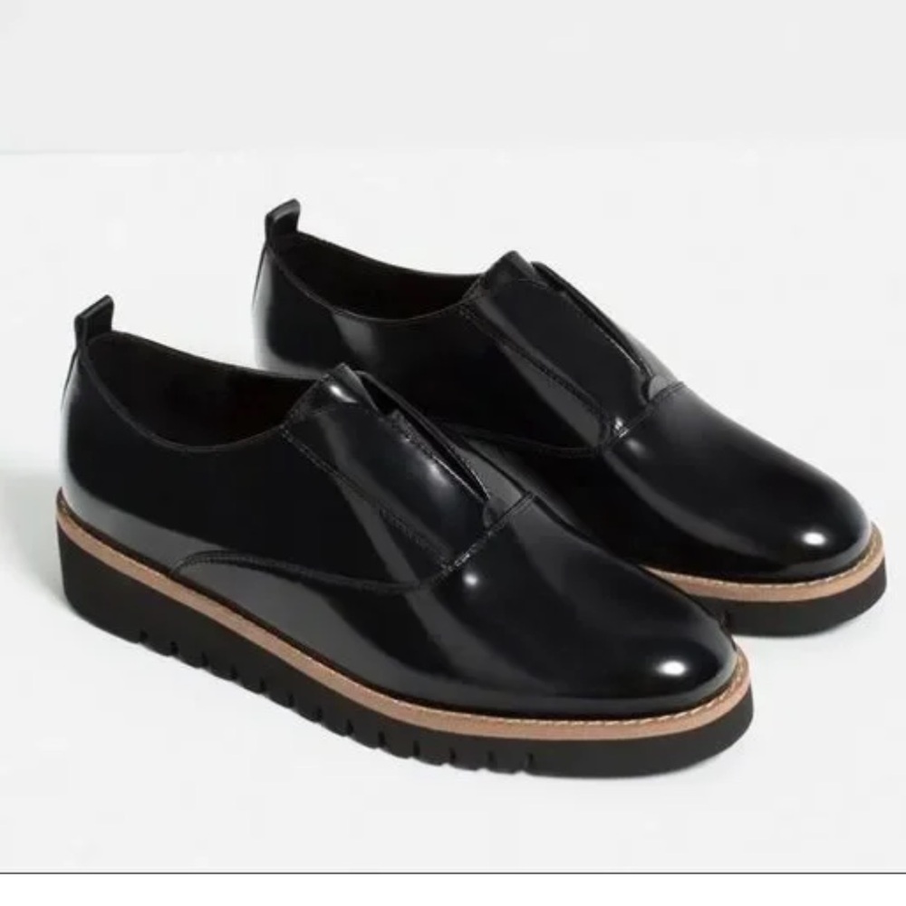 Zara Black Patent Leather Slip-On Loafers with Tan Trim